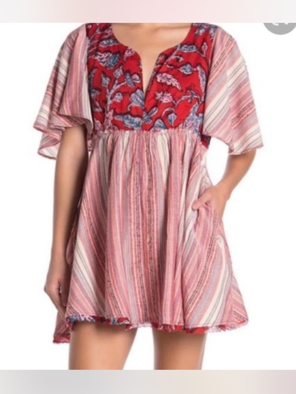 Free People Red and Pink Striped Floral Babydoll Dress